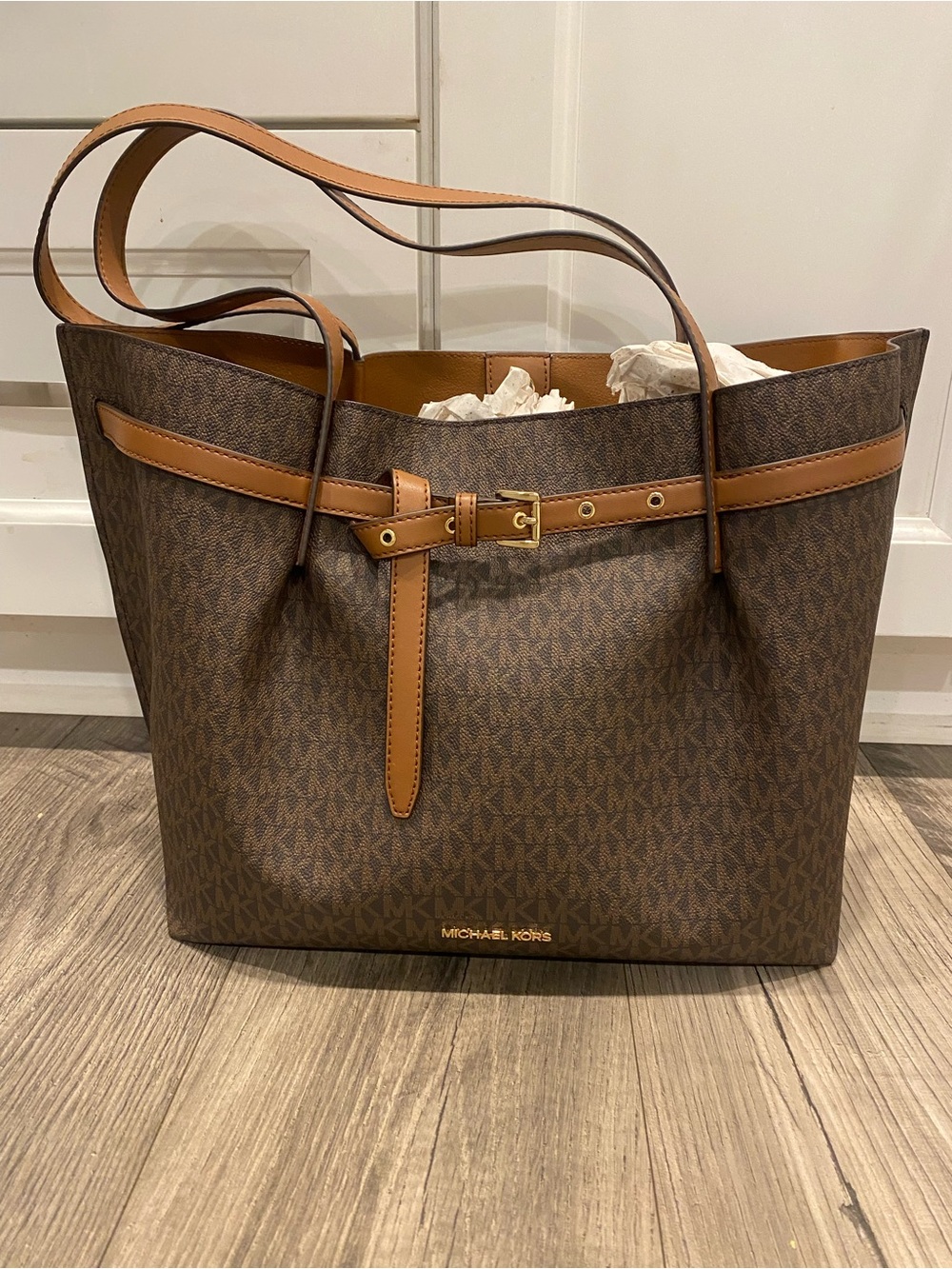 Michael Kors Brown Logo Tote with Tan Trim and Gold Accents